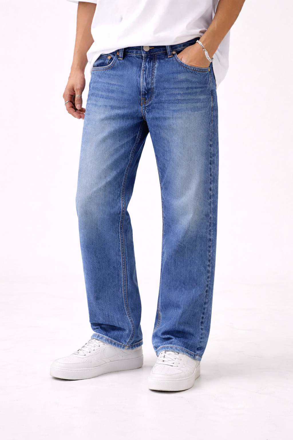 Straight Fit Medium Blue Faded Jeans