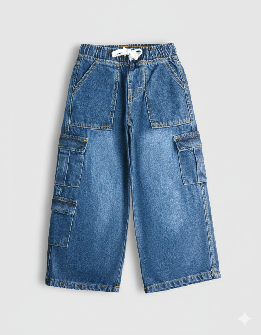 7 pockets Medium Blue Cargo Denim pants